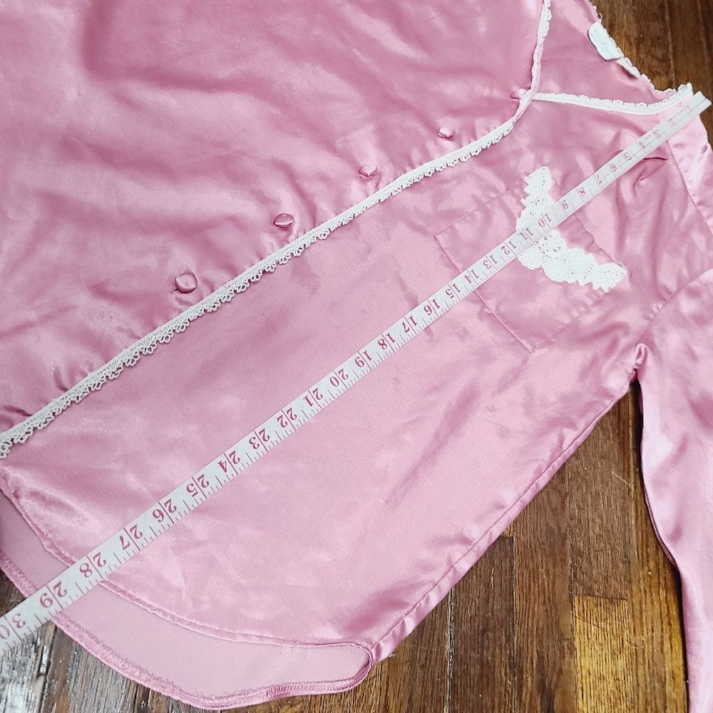 Vintage 90s Barbiecore Pink Lace Trim Sateen Pajama Top - Picture 9 of 16